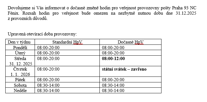 tabulka provozní doby Fénix