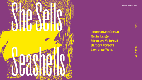 Plakát ke skupinové výstavě SHE SELLS SEASHELLS, vystavující umělci: Jindřiška Jabůrková, Radim Langer, Miroslava Večeřová, Barbora Vovsová, Lawrence Wells. Kurátor:  Lawrence Wells